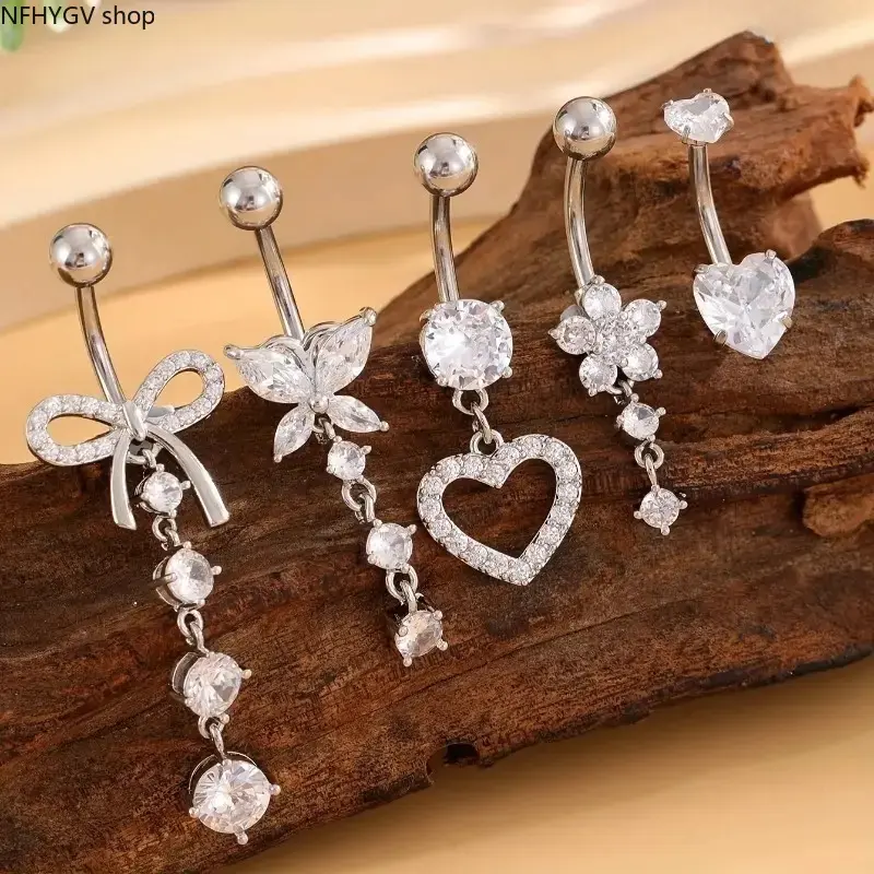 Stainless Steel Belly Button Piercing Jewelry Sets For Women 5PCS Multipack Body Accessories, Shiny Cubic Zirconia Ornaments With Butterfly Heart And Flower Shapes, Sturdy Piercing Gear For Daily Wear Sports And Outdoor Leisure