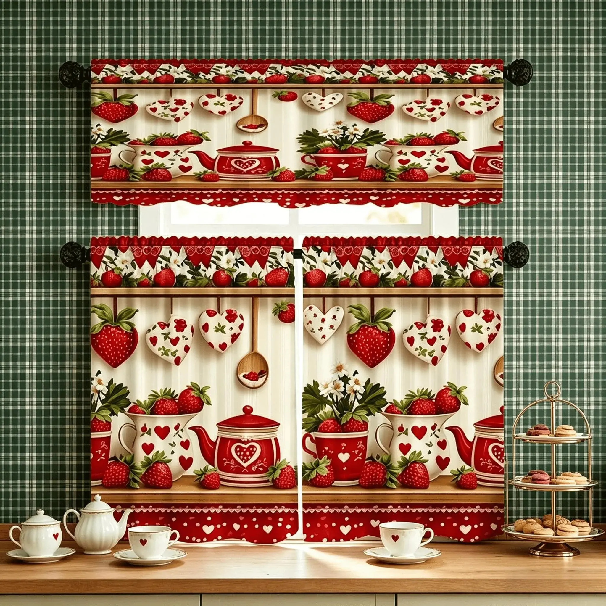 Home 3-Panel Semi-Sheer Microfiber Polyester Curtains - Classic Vintage Love Cutlery & Strawberry Print, Made in USA, Stain-Resistant, Machine Washable, All-Season Versatile, Ideal for Cafe & Living Room, Summervibes, Three Panels