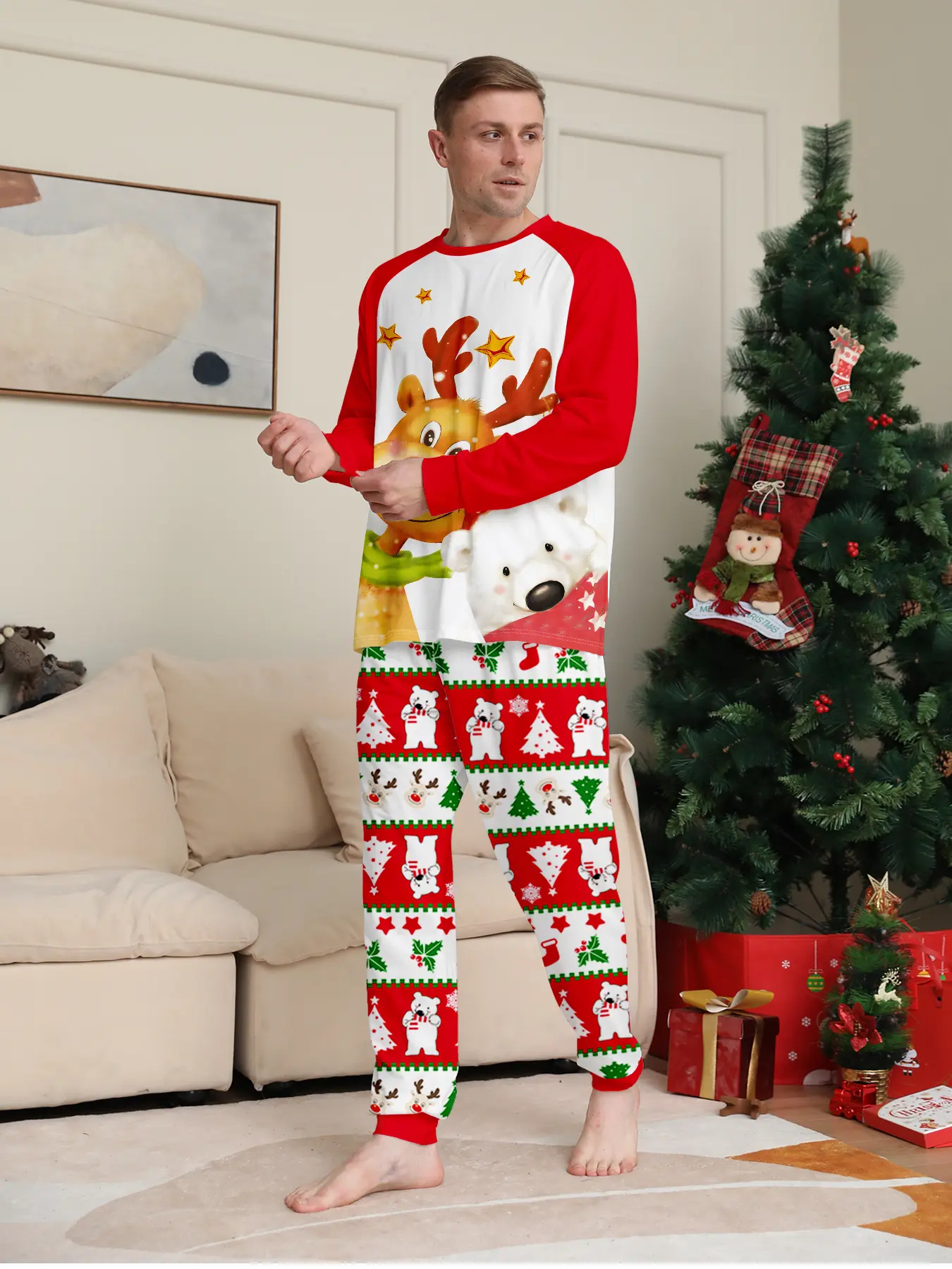 Family Matching Christmas Pajamas Set of 4 with Santa Hat Letter Print, Long Sleeve Top & Jogger Pants Two-piece Loungewear with Red Contrast Cuffs, Made of Soft Skin-friendly Breathable Knit Fabric. Ideal for Christmas Family Photoshoots, Holiday Party O