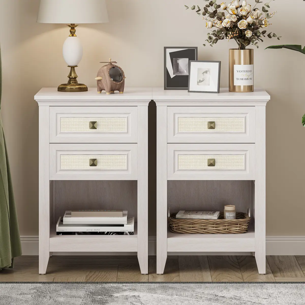 [Bellemave]Grayish White Rattan Nightstand with Drawer Set of 1-2, Boho 27" Tall Bedside Table with Storage for Small Space, Living Room Wood Accent End Table Bedroom Furniture, Couch Coffee Table On-Site