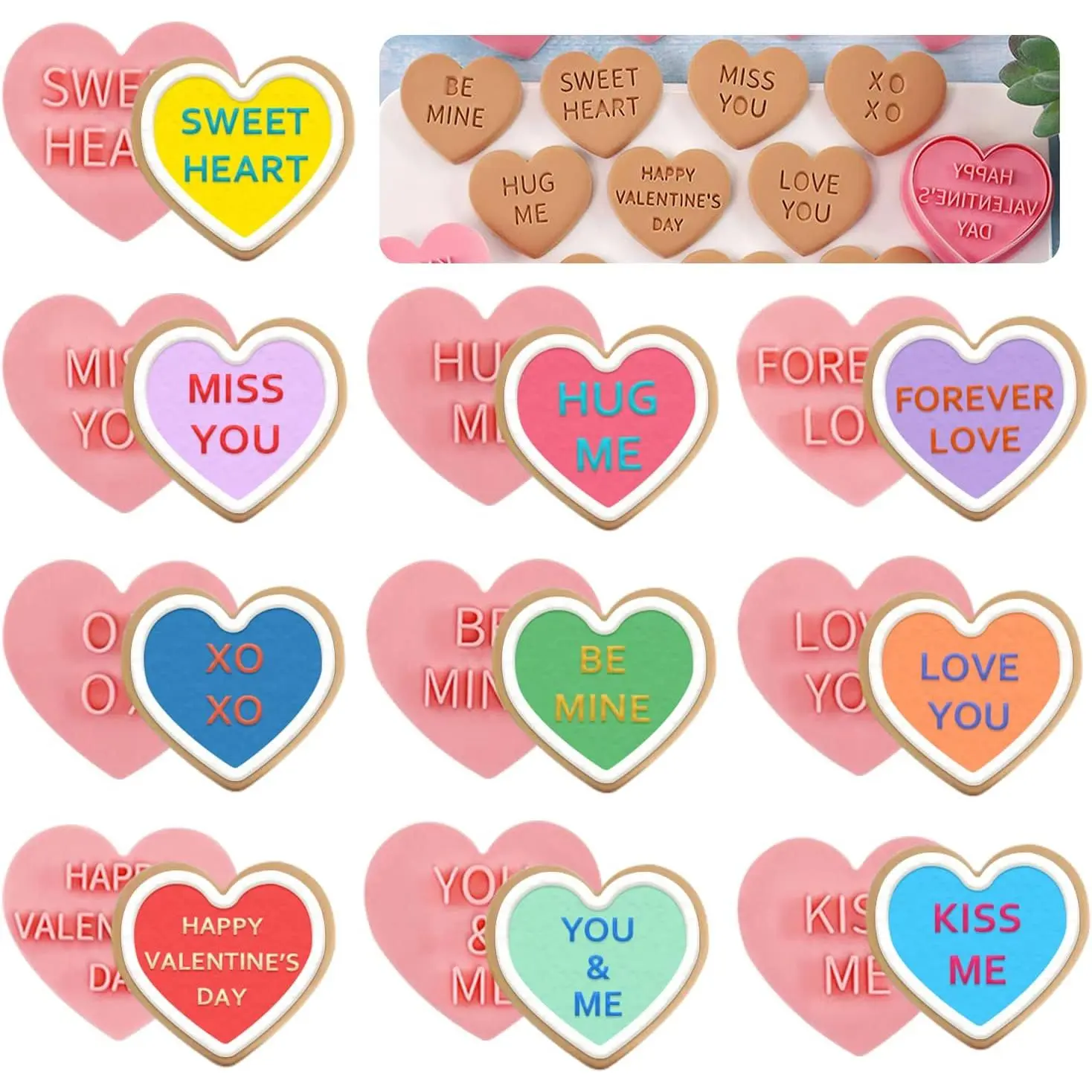 Valentines Cookie Cutters Heart Shapes for Baking, 10 count | Personalized Cookie Cutters with Plunger , Valentine Party Supplies, Biscuit Fondant Cutters Baking Mold Tools for