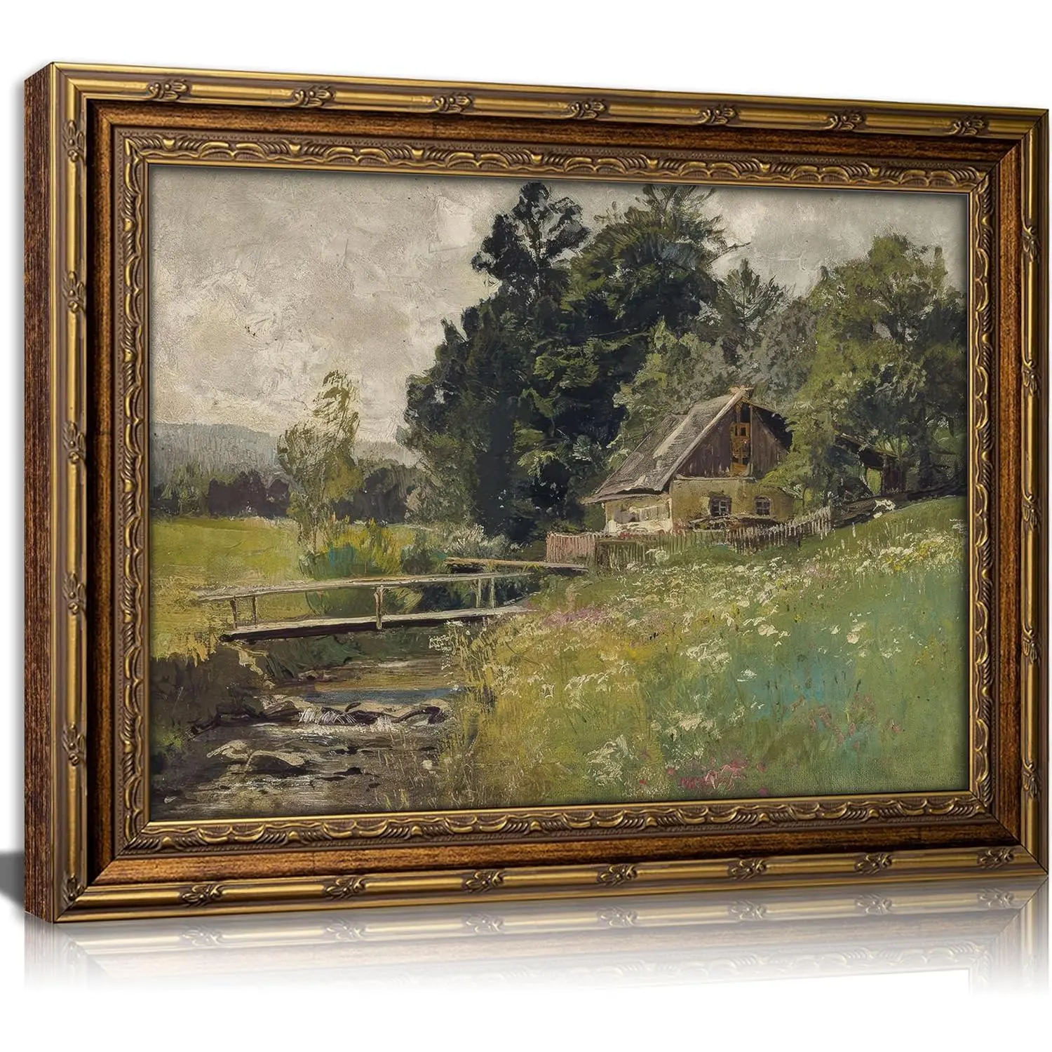 Vintage Gold Framed Landscape Wall Art Vintage Riverside Houses Canvas Prints Wilderness Picture Wall Decor Countryside Small House Painting Style Poster Print Artwork for Living Room Bedroom 12x16 in