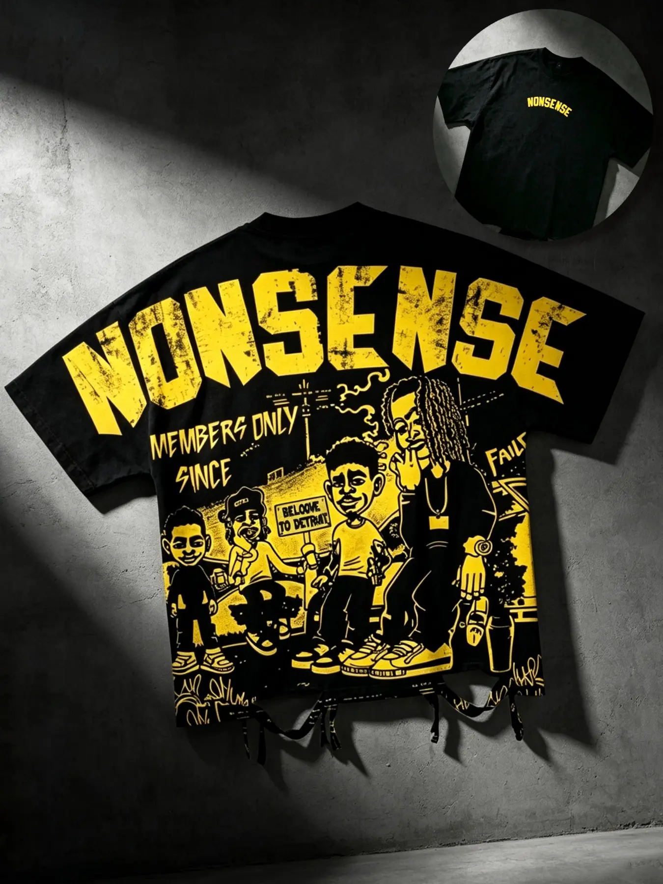 Short-sleeve T-shirt American high-street style black and yellow color blocking rap character cartoon print with large letter NONSENSE, distressed hem, batwing sleeves, loose fit, versatile, unisex, everyday street fashion, Streetwear, Y2K, Casual Tops