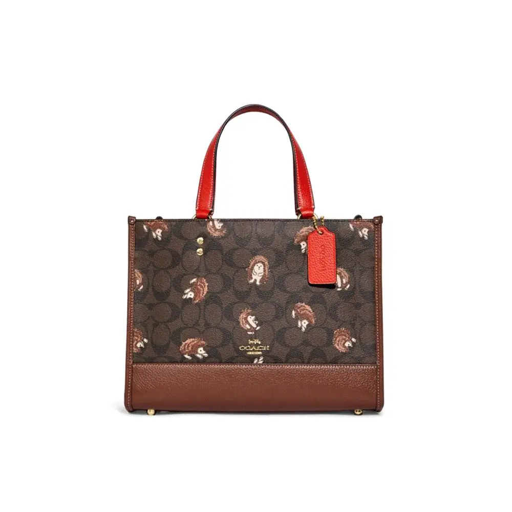 Coach Dempsey 29 Large-Size Wide Hobo Tote Bag for Women with Hedgehog Print, Genuine Leather, Brown Monogram