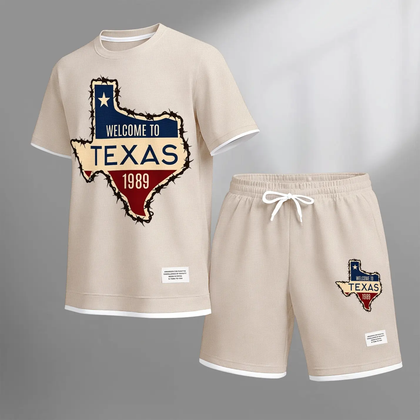 Men’s Texas Map Barbed Wire Graphic Textured 2-Piece Set, Short Sleeve T-Shirt and Drawstring Shorts, Casual Loose Fit Summer Outfit, Lightweight Breathable Streetwear for Travel, Vacation, Daily Wear and Outdoor Activities