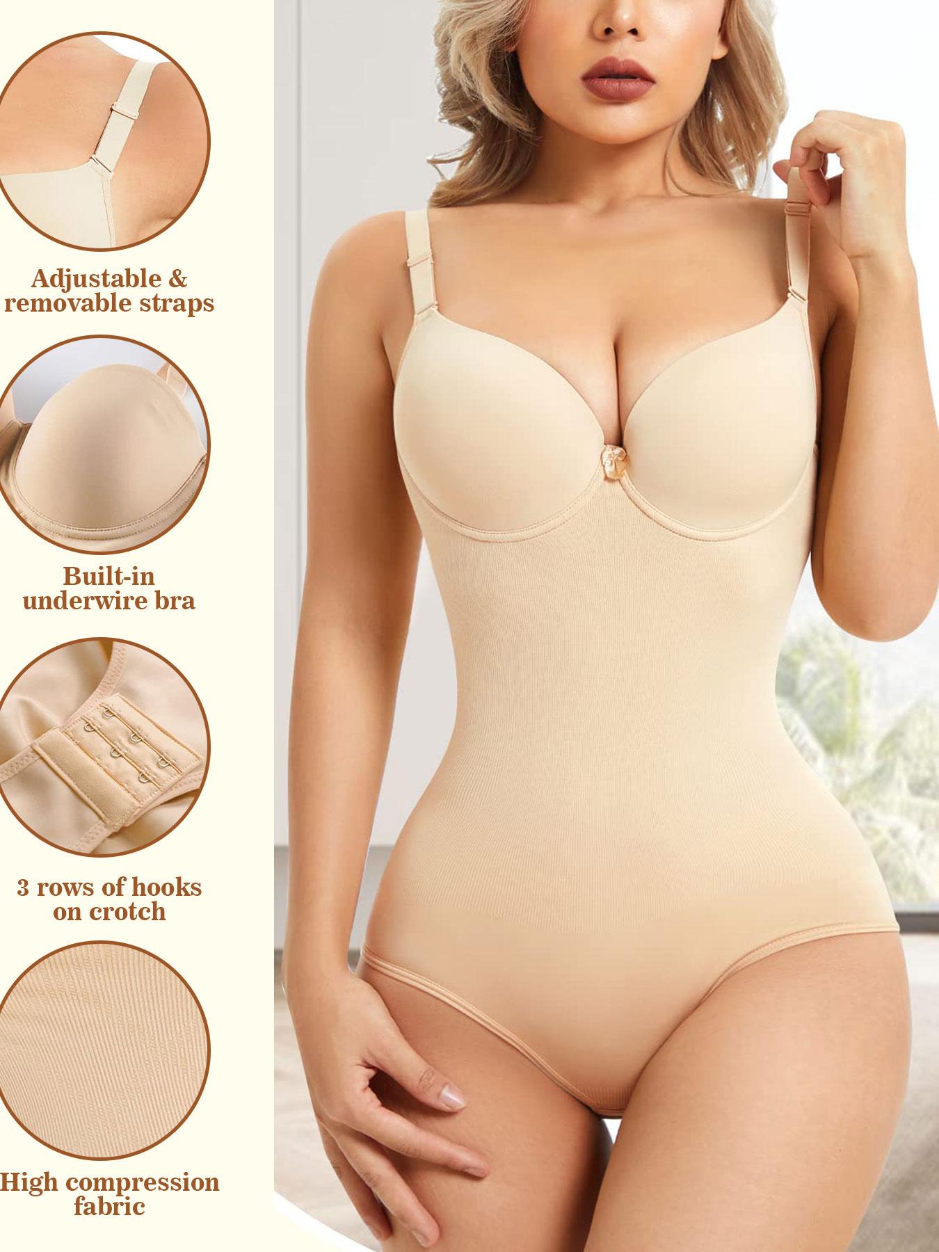Women's Solid Seamless Underwire Bra Shapewear Bodysuit, Tummy Control Adjustable Spaghetti Strap Cami Body Shaper For Women Casual Dating Work Party