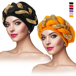 2pcs, Sequins Wrapped Braid Cap, Heavy Industry Laminated Cross-Scarf Cap