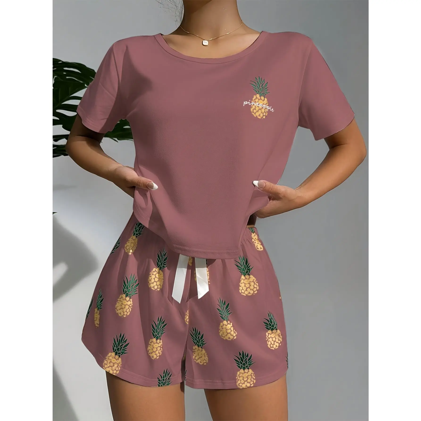 Women's Round Neck Polo Print Casual Sleepwear Set
