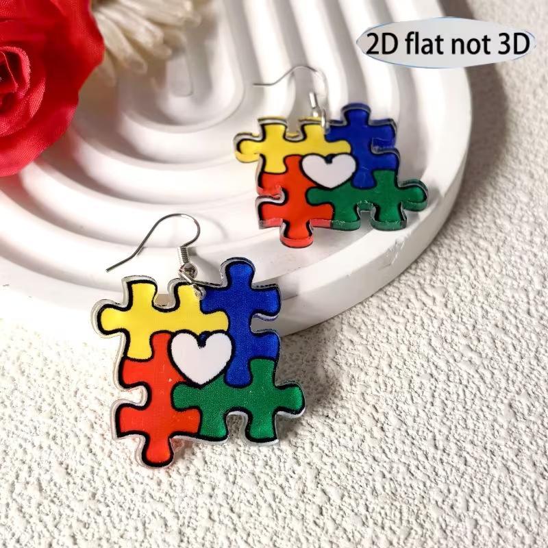 New Rainbow Puzzle Earrings European and American Style Creative and Versatile Autism-themed Heart Puzzle Ear Jewelry Accessory