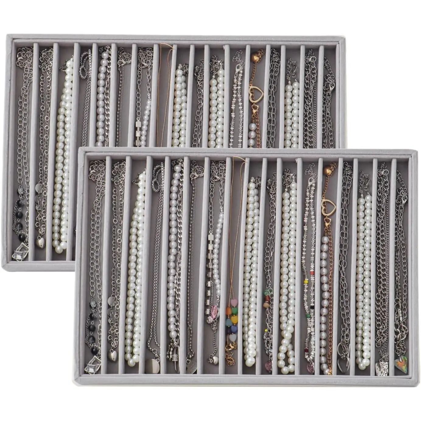 Large Velvet Jewelry Tray 2 Pack Stackable Jewelry Display Drawer Inserts Trays Organizer for Earring Bracelet Necklace Ring (Gray, 16 Grids)