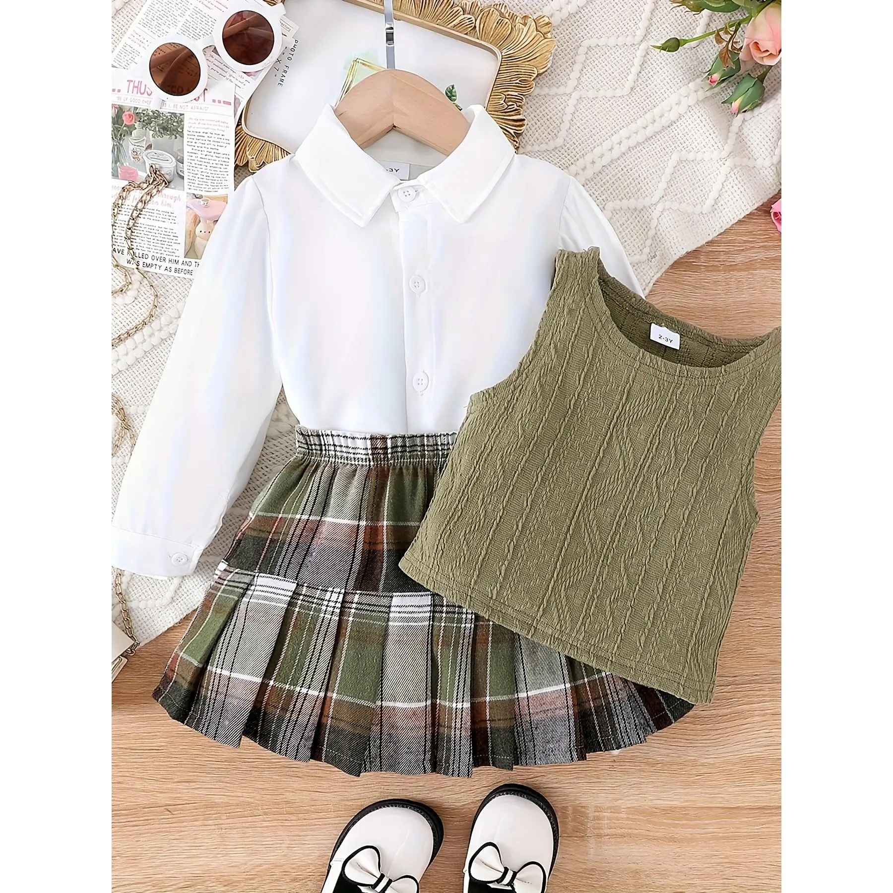 Popular 3-Piece Girls Outfit for European & American Back-to-School Season, featuring a green camisole matched with a white shirt and plaid pleated skirt. Casual preppy style, ideal for daily wear.