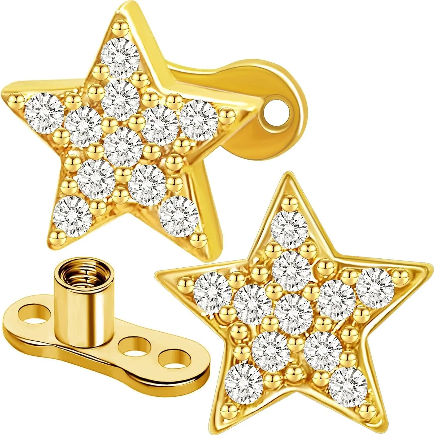 2pcs 14G Stainless Steel CZ Dermal Anchor Tops and Base Star-Shaped Cubic Zirconia Internally Threaded Microdermals Skin Body Piercings Jewelry Gift for Men Women