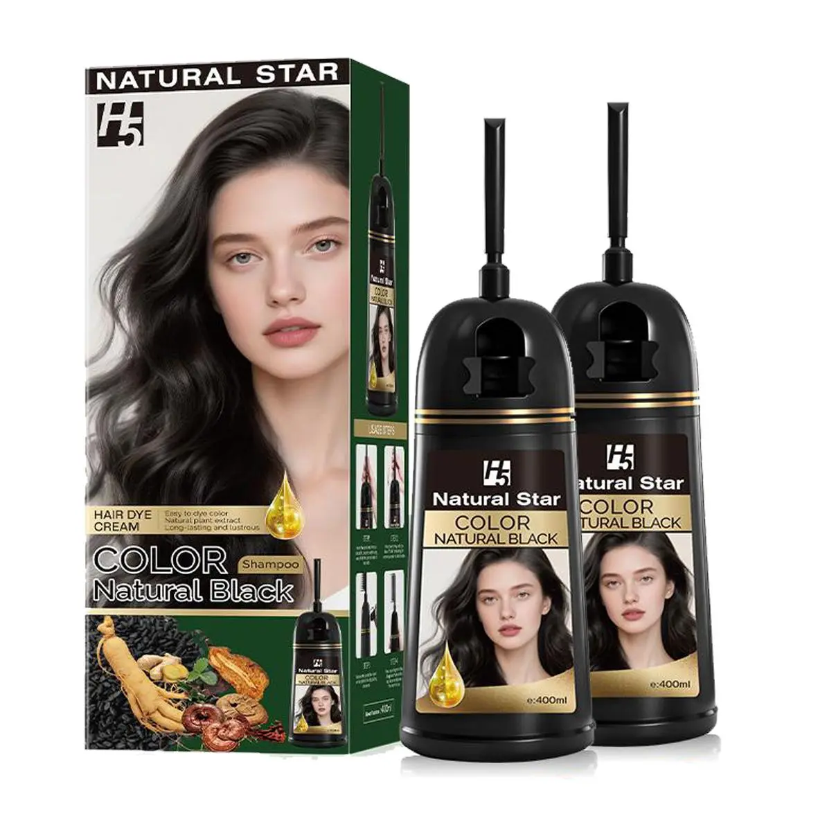 H5 6-in-1 Instant Black Hair Dye Shampoo with Built-In Comb Covers Grays Fast Ammonia-Free Herbal Formula with Ginseng Long-Lasting Color + Hair Care