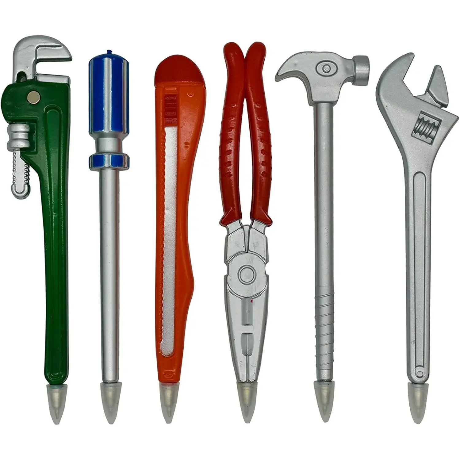 Hardware-Style Tool-Shaped Pen Set Pack, 6-Piece 0.5mm Black Ink Pens with Hardware Look, Magnetic Tip, Plastic Body - Pipe Wrench, Pliers, Utility Knife, Wrench, Hammer, Screwdriver Designs for Workers, Craftsmen