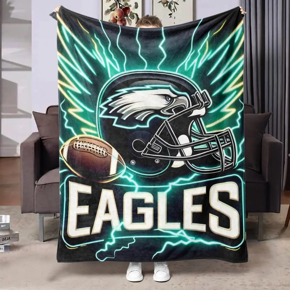 1pc Eagles Neon Lightning Football Fleece Blanket, Black Background Teal Neon Eagle Helmet Rugby Lightning Line Print. Soft Warm Throw for Sofa, Bed, Office, Leisure Space, Camping Trip, Ideal Christmas & Birthday Gift.