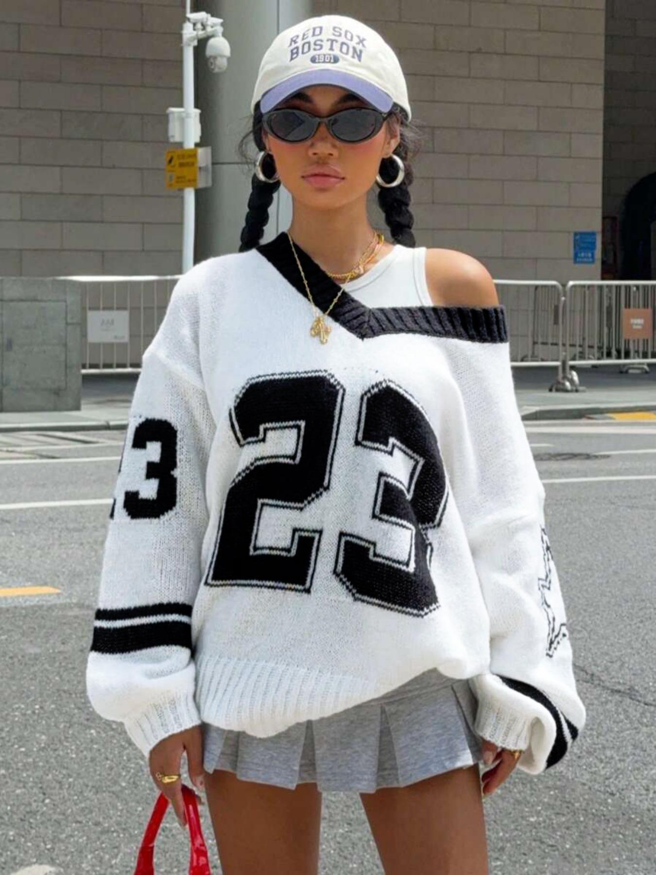 Unisex V-Neck Knit Pullover with Star and Number 23 Pattern, Casual Loose-Fitting Sweater for Spring & Fall, Comfortable and Stylish