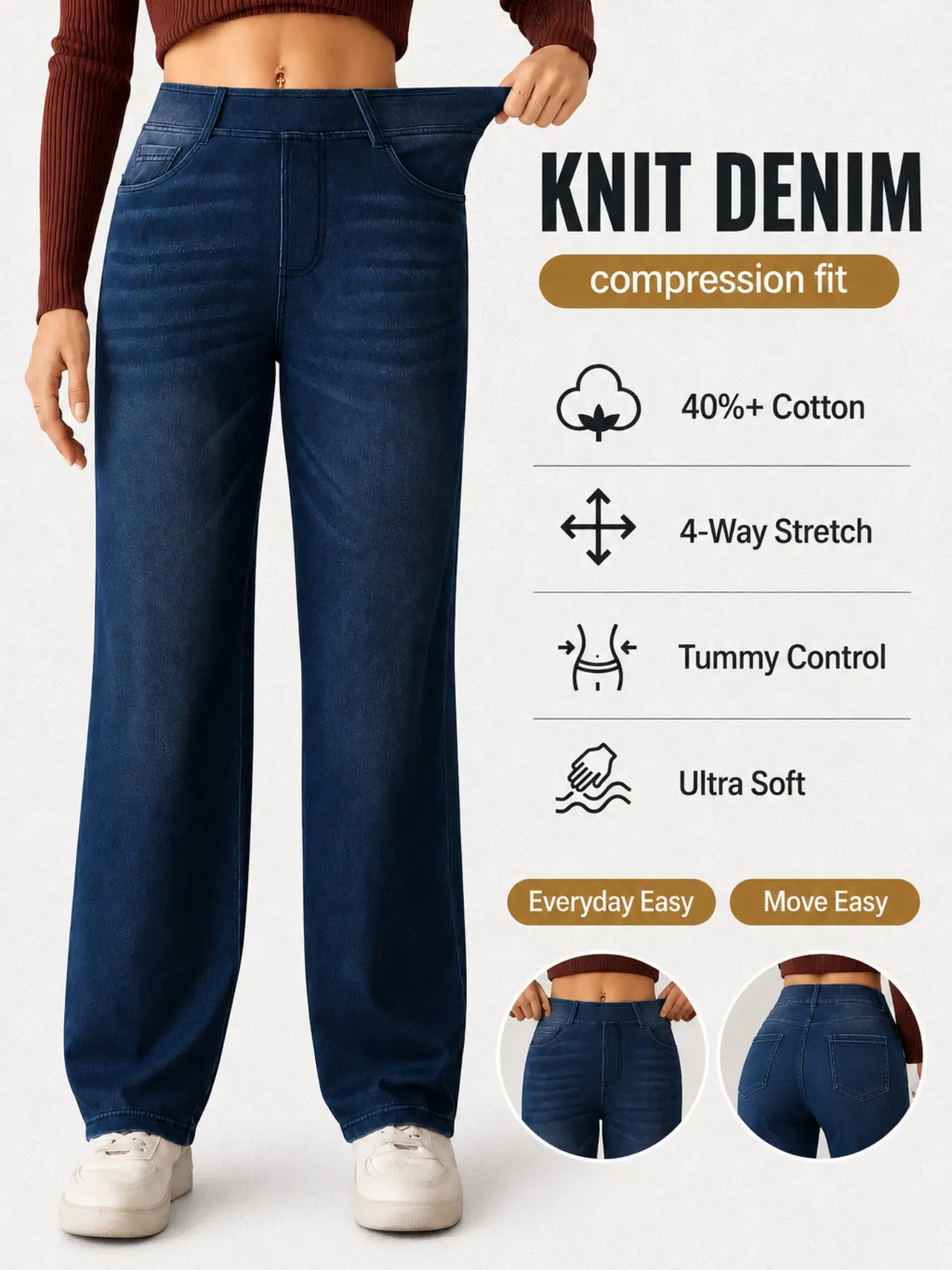 Women's High-Waisted Elastic Loose Wide-Leg Washed Jeans, Knitted Denim Jeans, Casual Daily Wear, Ankle-Length Slim-Fit Long Jeans, Casual Fashion Jeans