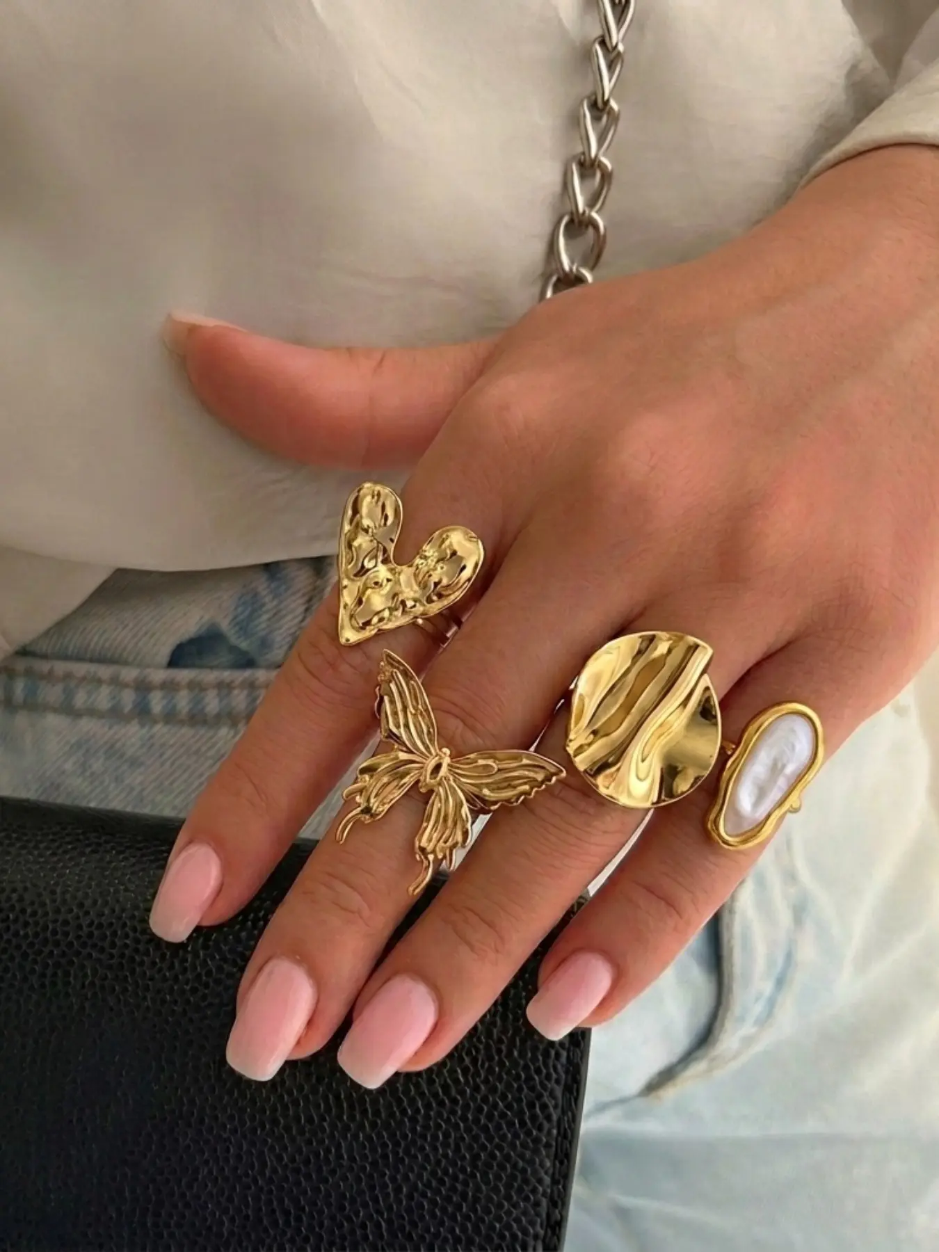 4Pcs Stainless Steel Stackable Rings Set Hammered Heart Butterfly Irregular Wave Shell Open Golden Finger Rings Minimalist Women Statement Jewelry