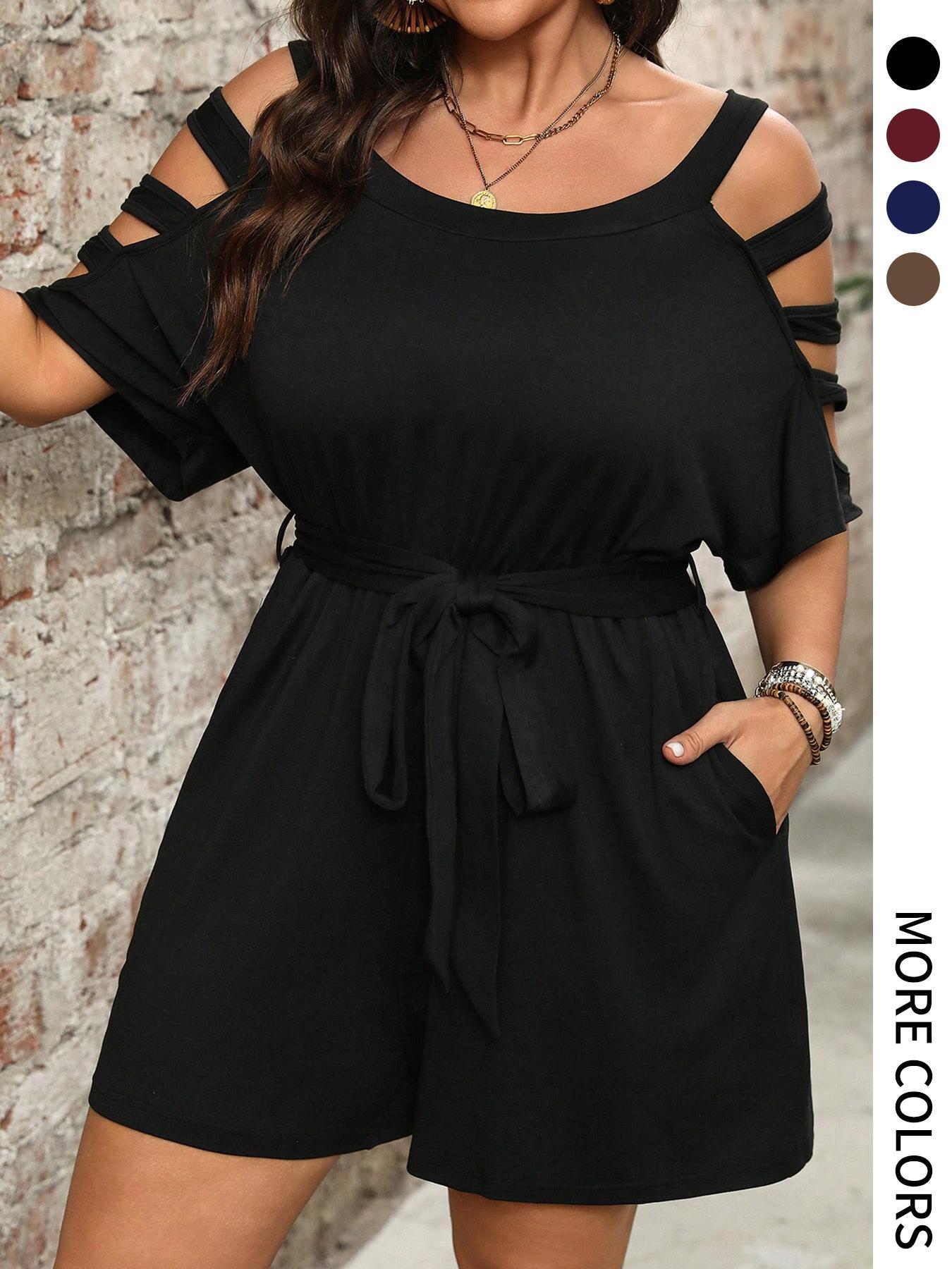 【Plus Size】 Solid Color Basic Romper, Casual Pocket Romper for Summer, Women's Clothes for Daily Wear
