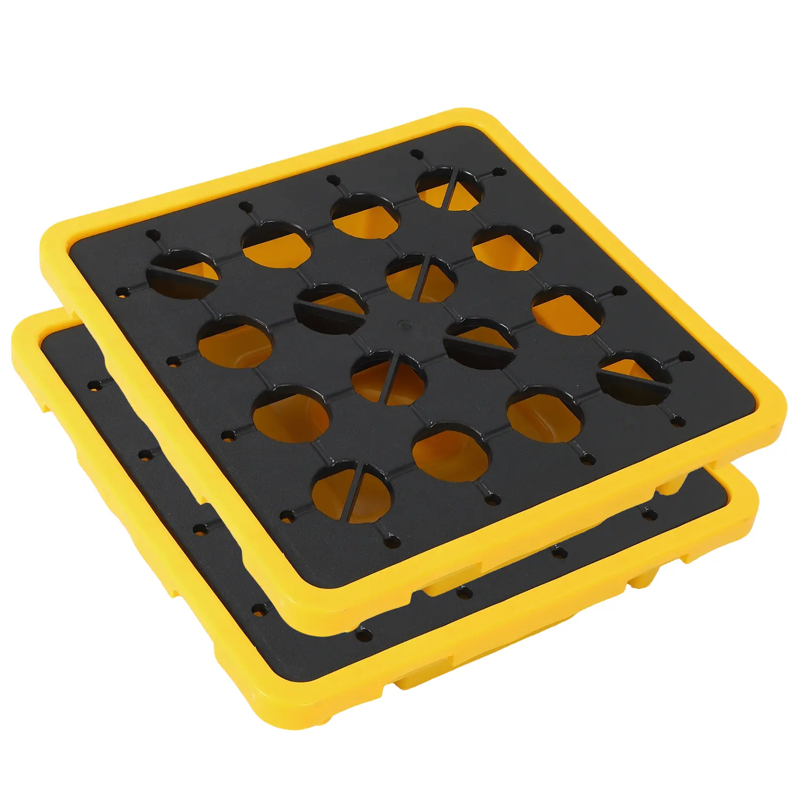 2-Pack Heavy Duty PP Plastic Square Spill Control Pallet with Drain Plug, 27x27x8" Leakproof Modular Tray, 5000 lb Capacity, 2-Way Forklift Safe for Industrial Drum, Oil Storage