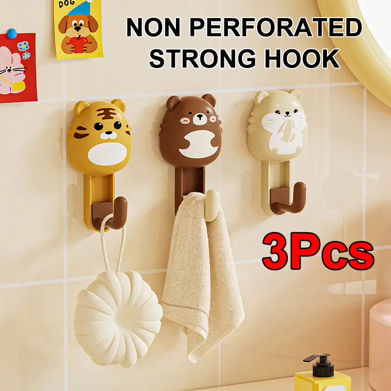 3 Pcs Cute Cartoon Animal Shaped Self-Adhesive Hooks, Punch-Free Traceless Wall Hooks, Heavy Duty Strong Sticky Hooks for Kitchen Bathroom Household Storage