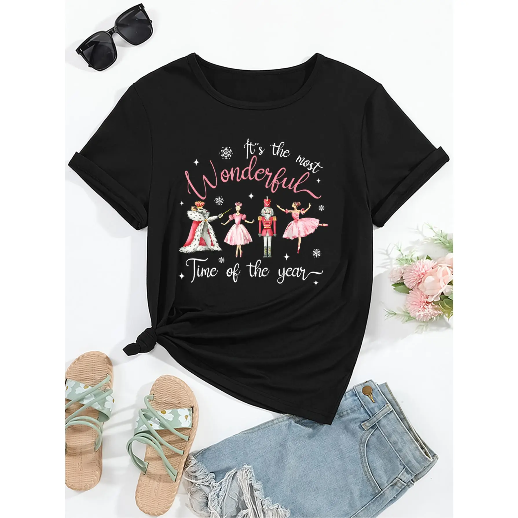 Pink Nutcracker Ballet Printed Crew Neck T-Shirt, Comfortable and Versatile Tops for Summer Women