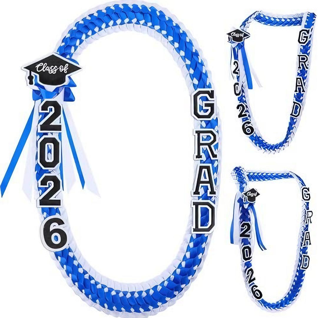 2026 Graduation Leis for Him Her, Hand Woven Blue Braided Ribbon Lei With GRAD Letters And Cap Charm, Adjustable Graduation Money Lei Equipped With Safety Pins, Premium Grad Party Favors Decor For Class of 2026 Graduation Ceremony Celebration Gifts