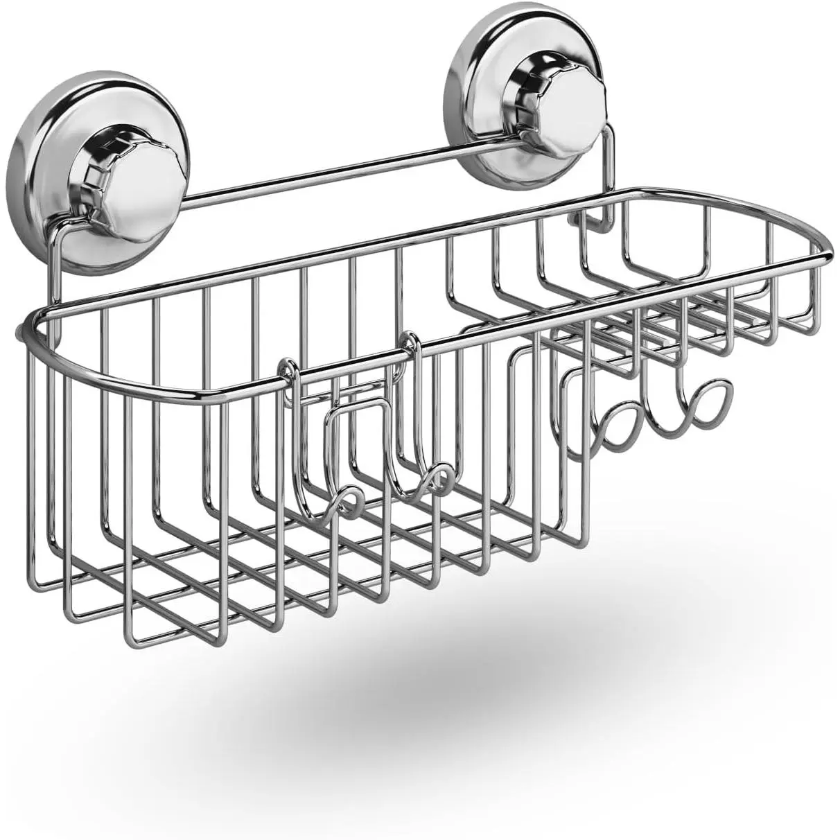 Suction Cup Shower  Basket for Shampoo, Shower Suction Shelf Organizer, Basket with Soap Holder and Hooks, Stainless Steel Shampoo Holder for Bathroom Storage, Chrome