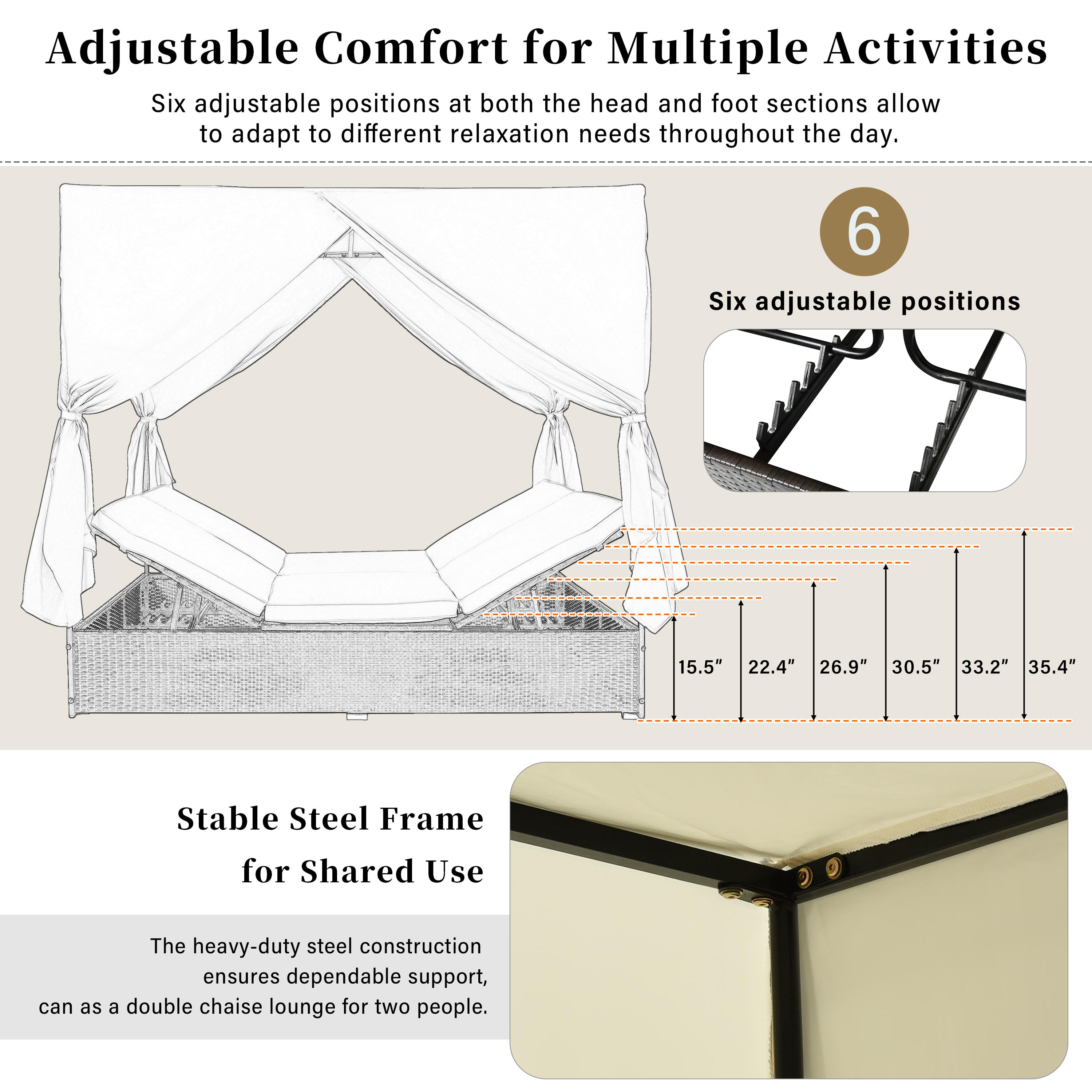 Patio Chaise Lounge, PE Rattan Outdoor Patio Wicker Sunbed Daybed with Adjustable Seats, Four-sided Canopy, Overhead Curtain and Beige Cushions for Backyard, Garden, Poolside (for 2-6 people)