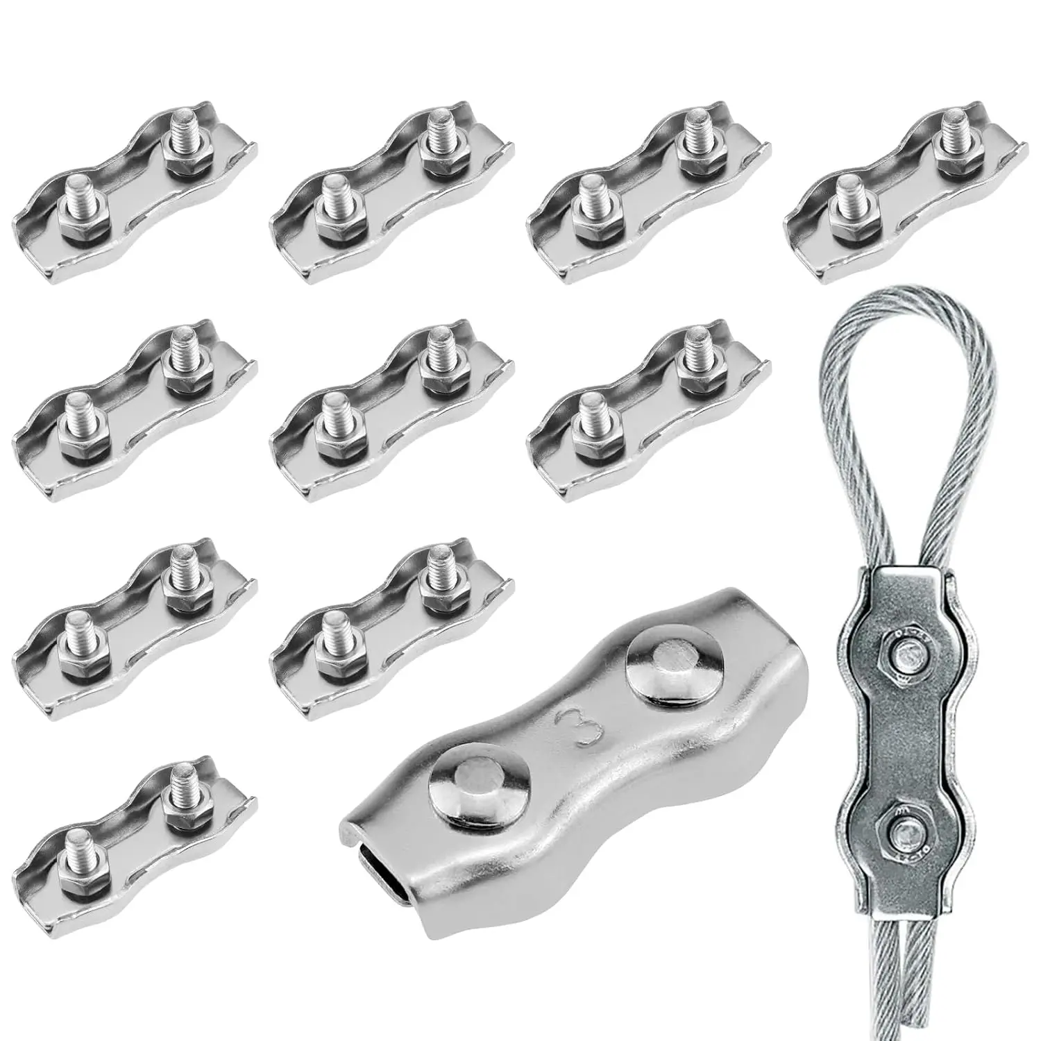 12 count M3 Stainless Steel Duplex Wire Rope Clip | Duplex Double Bolt  Clamp, 2- Wire Rope Clip for 1/8 Inch Diameter Wire