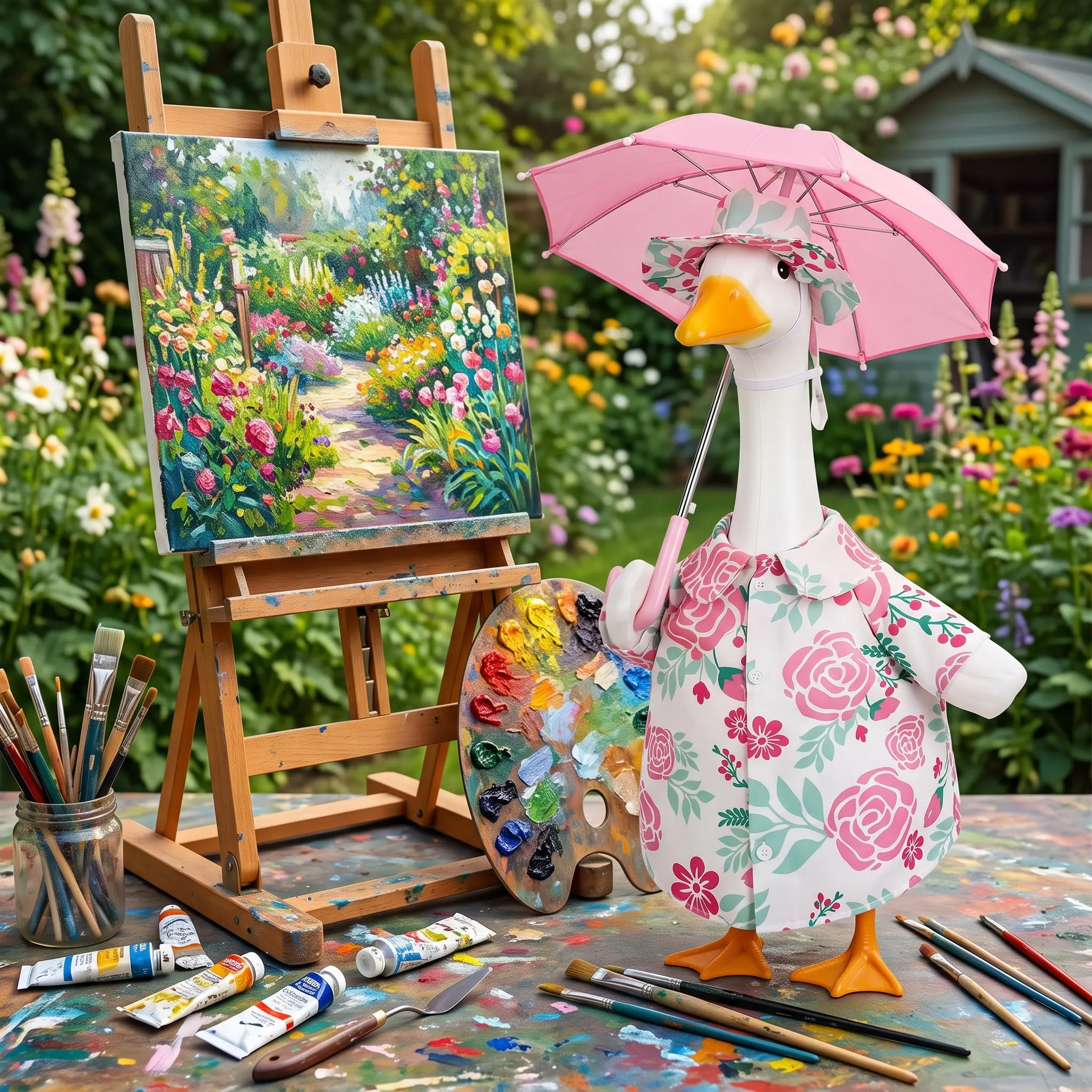 Summer porch goose set with umbrella and skirt, used for lawn sculptures, cute garden yard decoration clothing