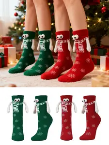2 Pairs 3D Eyes Cartoon Christmas Socks, Magnetic Design, Cute Hand in Hand, Soft Fabric, Holiday Socks, Winter Warm Essentials