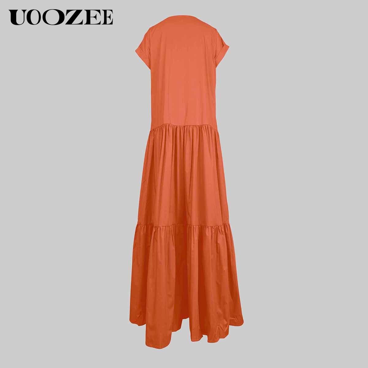UOOZEE Women's Bright Chic Loose Short Sleeve Pleated Pocket Solid Color Slit V-Neck Maxi Dress Summer Casual Basic Cotton Blend Machine Washable Holiday Dress Womenswear Minimalist (Size is one size larger, it is recommended to order one size smaller)