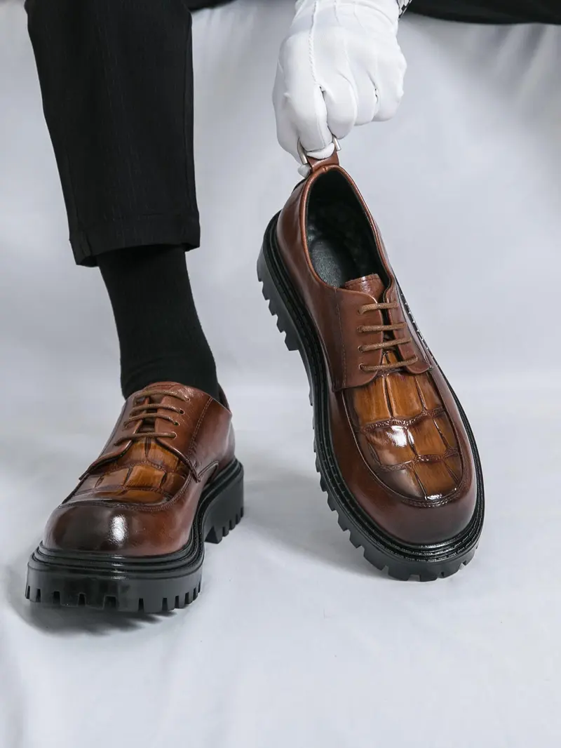 Men's Crocodile Pattern Lace-Up Derby Shoes, British Vintage Heel, Casual Leather Shoes, Trendy Streetwear, Commuter, Versatile Low-Top Dress Shoes, British Style Footwear