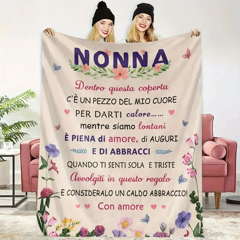 Italian Nonna Grandma-Themed 100% Polyester Flannel Fleece Throw Blanket - Cream Background, Floral Letters, Ultra-Soft Lightweight Anti-Pilling No-Shed, Inspirational Quote Family-Love Home Spaces Decor for Indoor Sofa Use