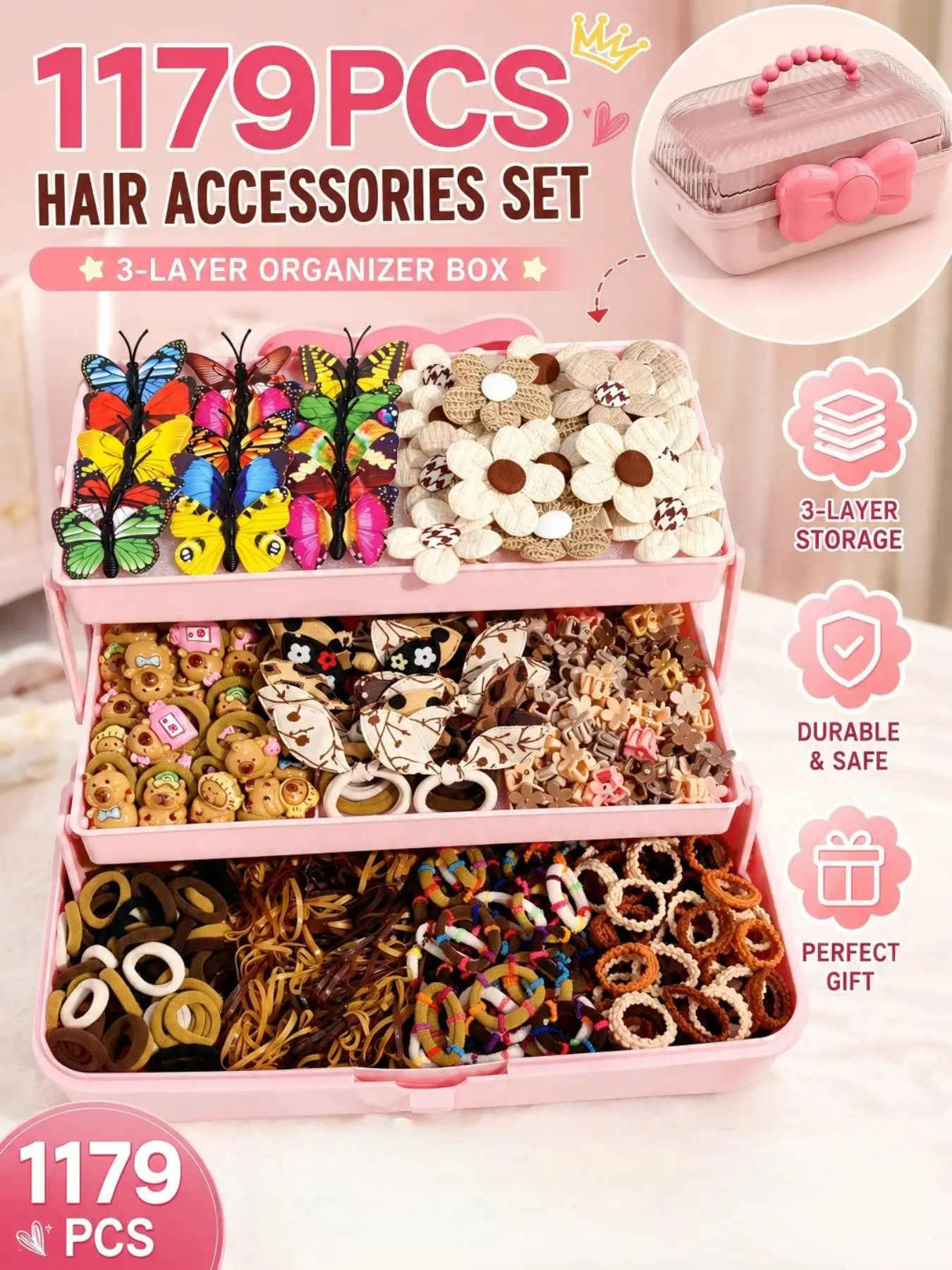 1179pcs Melard Hair Accessory Set with 3-Layer Portable Storage Box. Includes Butterfly & Flower Clips, Elastic Durable Non-Damage Hair Ties. Perfect for Girls' Daily Hairstyling, Versatile Use. Complete Hair Accessory Gift Box – An Ideal Present.