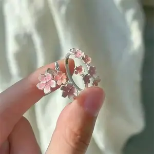 Sweet Pink Drop Oil Cherry Blossom Adjustable Open Ring for Women Niche Three Flower Design Sense Index Finger Ring 2026 Jewelry