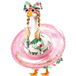 GJL Porch Goose Bikini Outfits with Inflatable Pool Ring, Sunglasses & Wig, Hawaiian Costume for 23 Inch Plastic Cement Goose Statue, Summer Porch Goose Outfit for Pool Party Yard Lawn Garden Decor