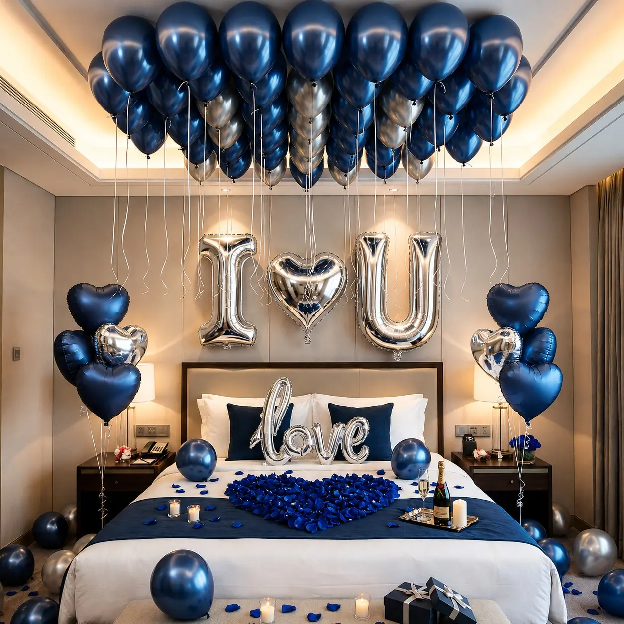 Blue & Silver Anniversary Decor Set with I LOVE YOU and Heart Balloons, 1000 Rose Petals for Romantic Special Night, Bedroom, Hotel Room, Valentine Proposal, Birthday Decorations for Him