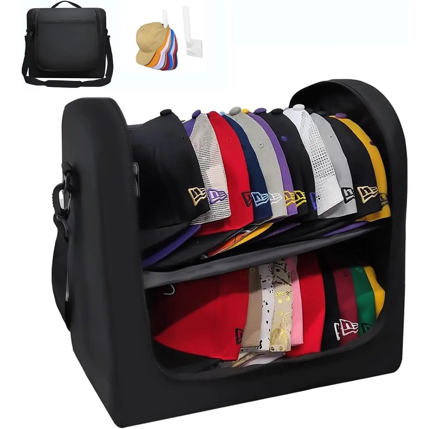 Large Hat Bag for Baseball Caps, Portable Hat Organizer Carrier for Travel, Hat Storage Box Holder for 24 Snapback Caps, Baseball Cap Traveling Case for Men, Black, and Gift Hat Hooks