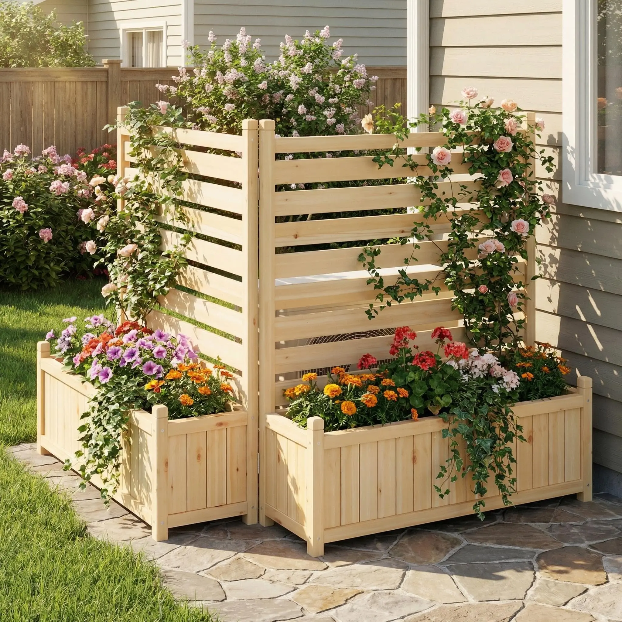Garvee 2-Panel Outdoor Privacy Screen with Planter Box, 33"X40" Wooden Fence Cover for Patio & Garden, Ideal for Concealing AC Units, Pool Pumps, and Equipment, Natural Decorative Backyard Divider