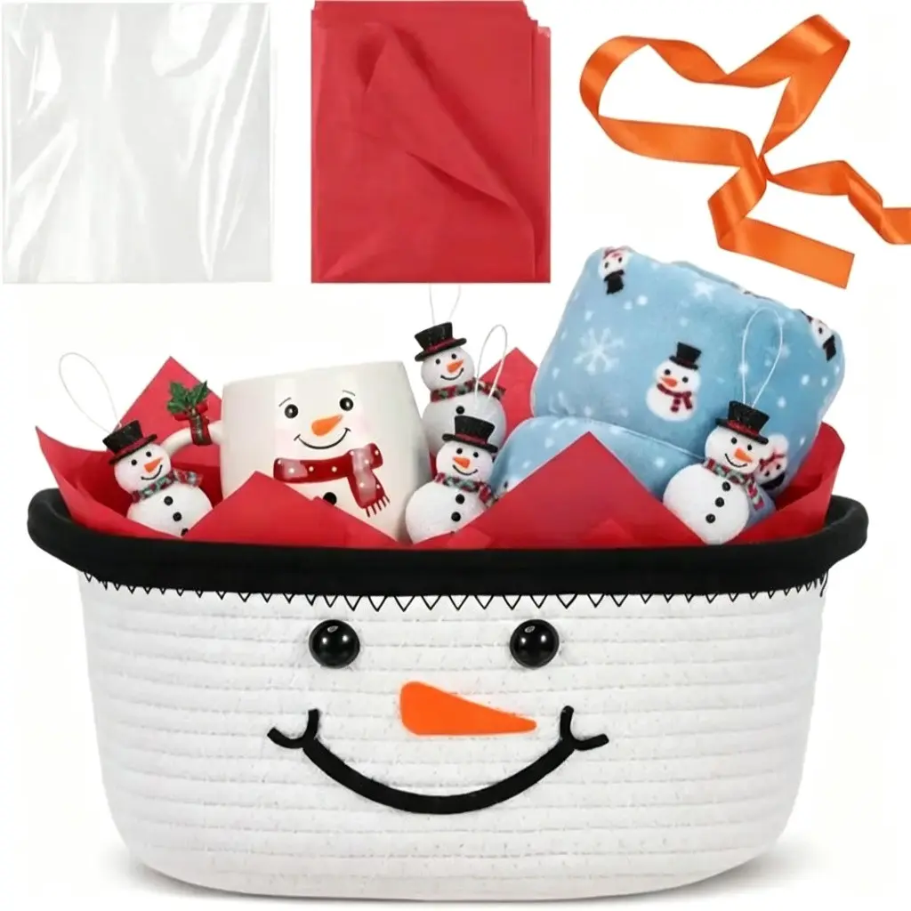 1 Pcs Christmas Woven Basket Set Cute Woven Basket for Christmas Gifts Party Gift Basket with Handles Gift Bag Ribbon Red Tissue Pape Multipurpose Basket Snowman Woven Storage Bin Durable Basket for Xmas Gifts, Versatile Storage Basket 12 x 8 x 5 inch