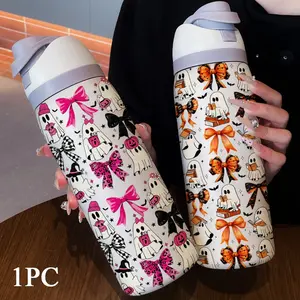 32oz Stainless Steel Sports Water Bottle, Ghost Bow Design, Dual Mouth, Insulated Cup, Perfect Gift for Women, Cold & Hot Drinks