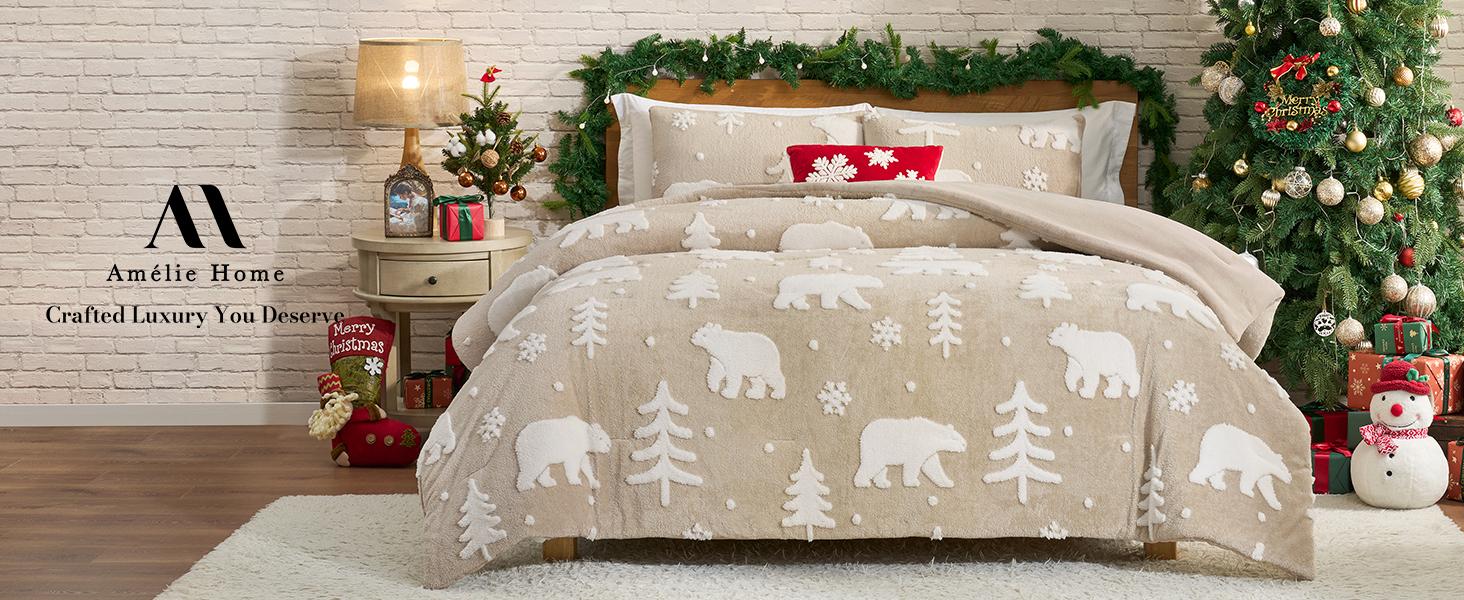 Christmas Comforter Set Queen, Christmas Bedding Set with Bear, Beige Fleece Plush Comforter for Winter, 3 Pieces, 1 Soft Comforter and 2 Pillowcases