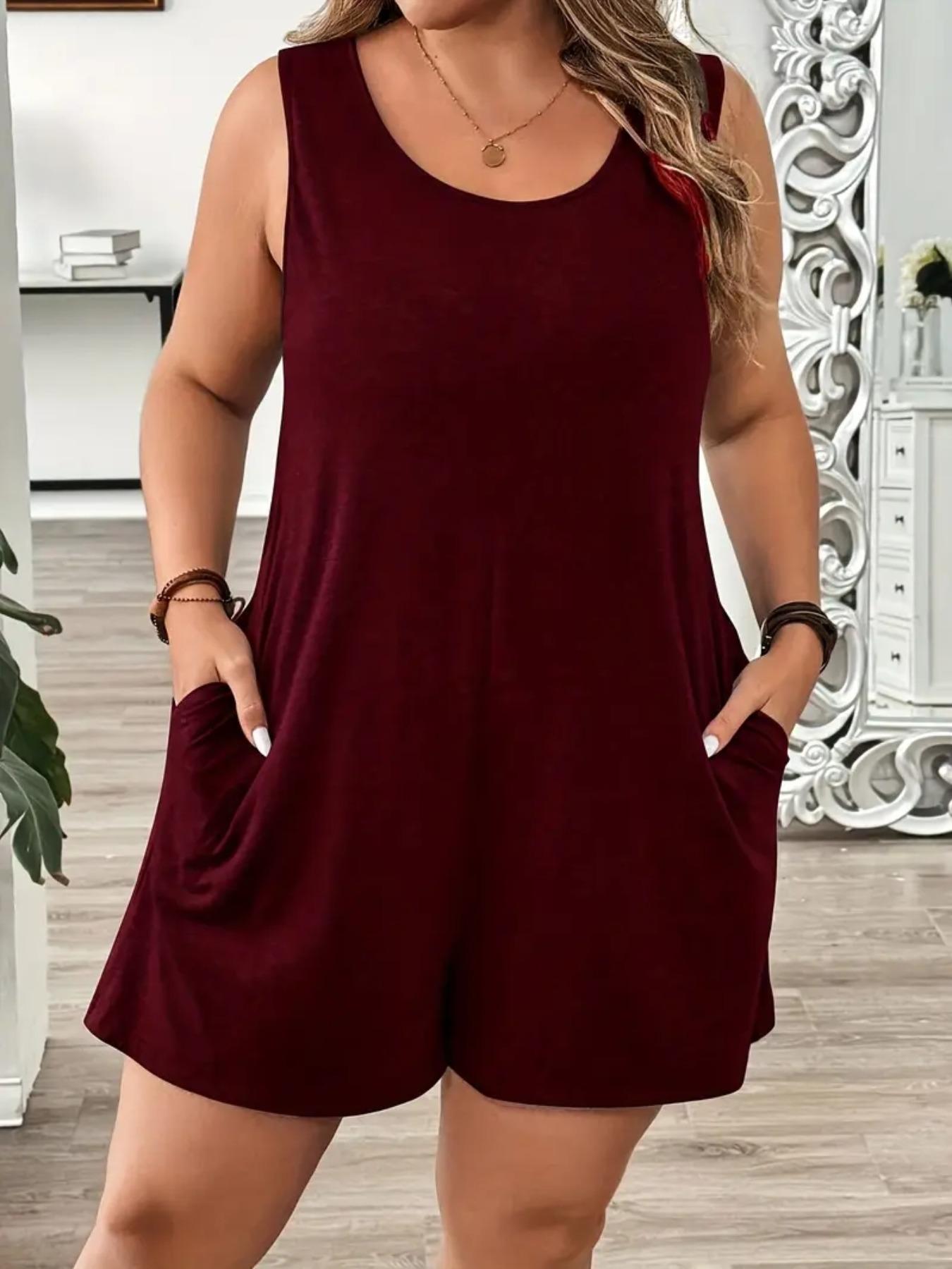 Plus Size Solid Color Sleeveless Fitted Romper, Elegant Casual Romper, Casual Comfy Romper for Summer, Women's Plus Clothing for Daily Wear, Basic, Casual Sleeveless Overalls, Womenswear