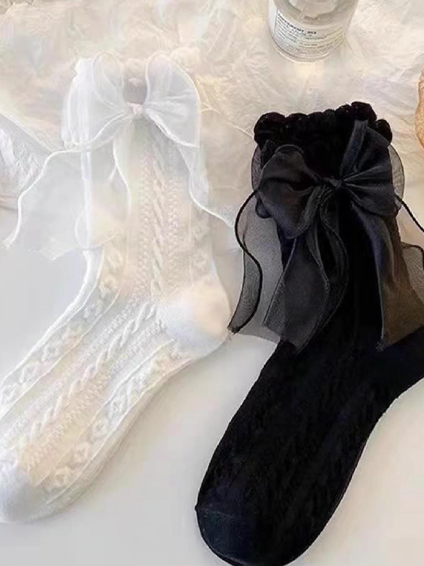 6 Pairs of Cute and Simple Women's Lolita Lace Bow Mid-Calf Socks, Comfortable Breathable Design for Everyday Wear, Lace Crew Socks, Floral Lace Socks