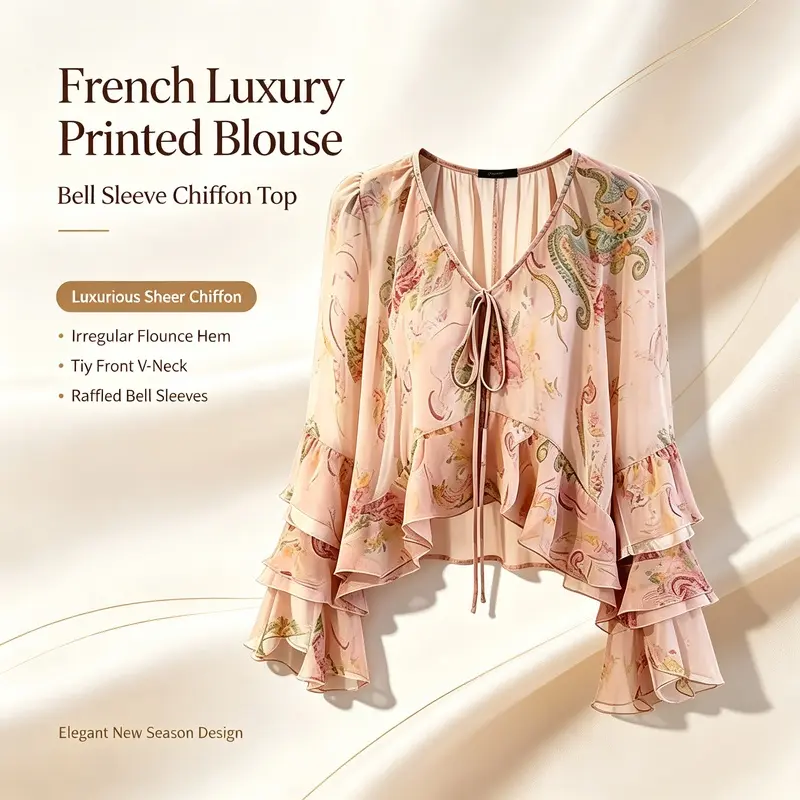 French Paisley Chiffon Blouse, V-Neck Tie-Front Flare Sleeve Top, Minimalist Loose Fits for Linen & Slip Skirts, Adjustable, Feminine, Asymmetrical