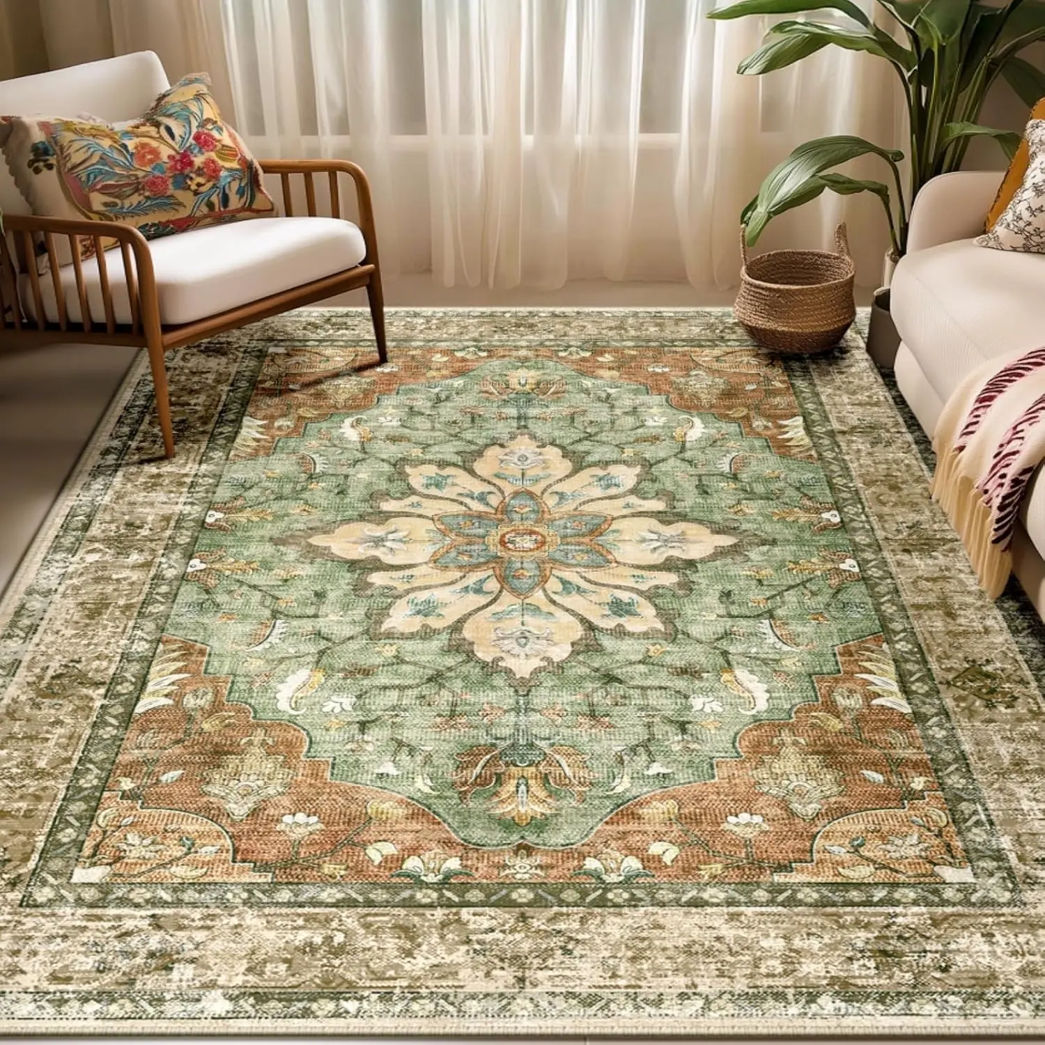 5'x7' Washable Non-Slip Distressed Medallion Area Rug, Floral Vintage Carpet for Living Room, Bedroom, in Terracotta, Burnt Orange, Green