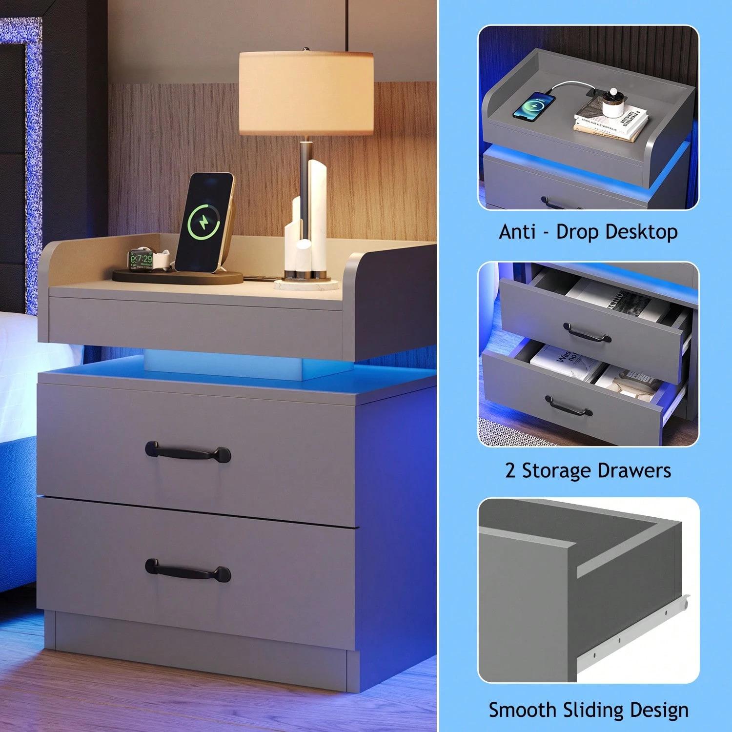 LED Nightstand With Drawers, LED Night Stand With Charging Station, Bedside Table For Bedroom, Modern Night Stand With 2 Wood Drawers End Side Table For Bedroom, Black/ White/ Grey