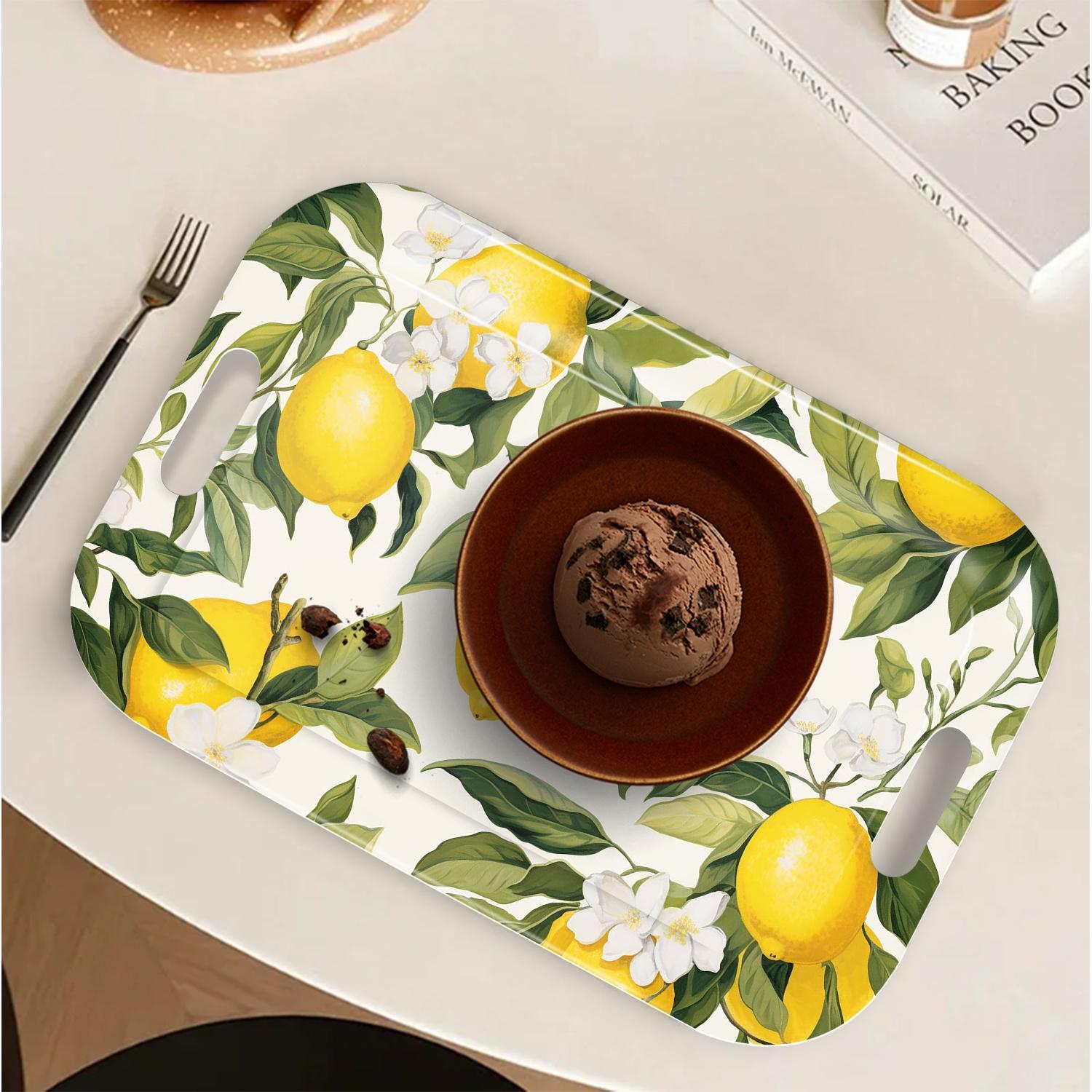 Modern Lemon Pattern Serving Tray - Lightweight & Easy-Clean Rectangular Snack Tray with Grip Handles, Sturdy Melamine for Kitchen, Dining, Parties - Lemon Tree Leaves Decor in Yellow, Green, White - Home Decor Centerpiece, Dining Table Acce Plates